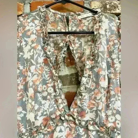 Saints & Secrets GREY ORANGE MULTI-COLOR FLORAL PRINT V-NECK RUFFLE DRES… - Picture 6 of 9